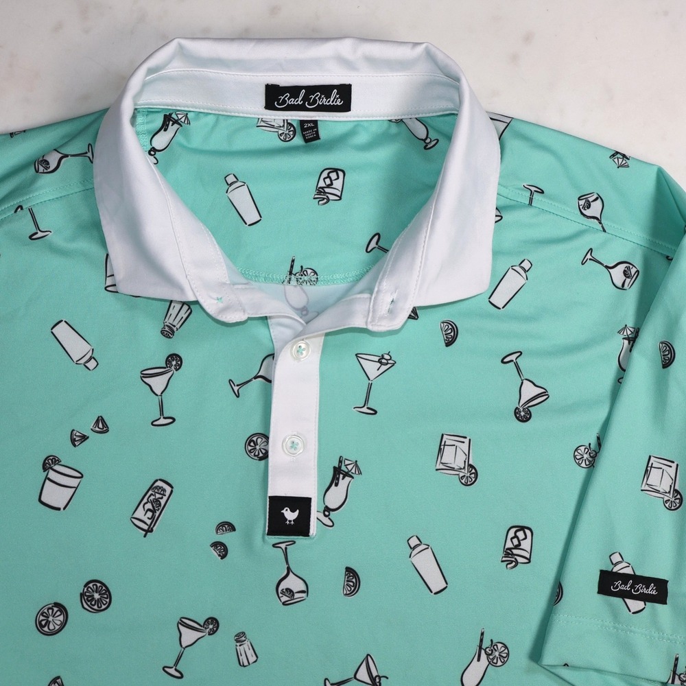 Bad Birdie Five PM Somewhere Golf Polo Mint Green Drinks Martinis Mens 2XL AOP